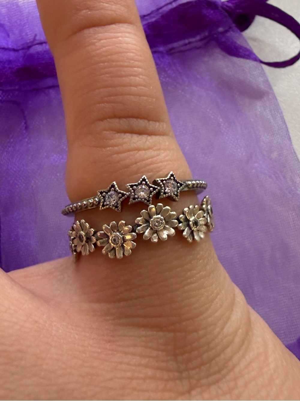 Pandora Silver Daisy & Star Stackable Rings Set